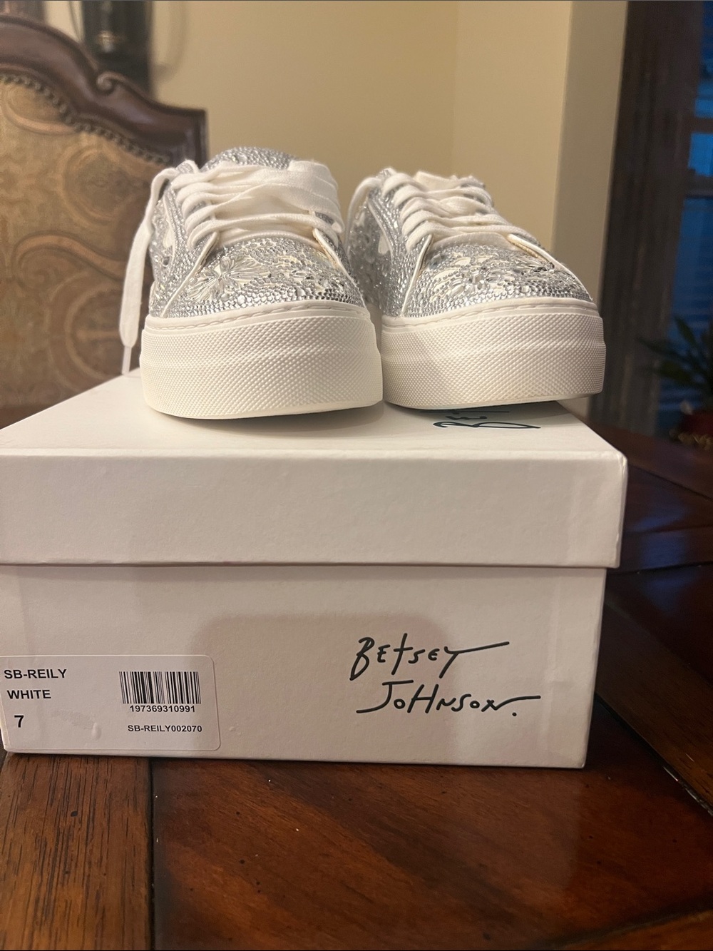 Betsey Johnson White and Silver Crystal Platform Sneakers - Picture 4 of 6